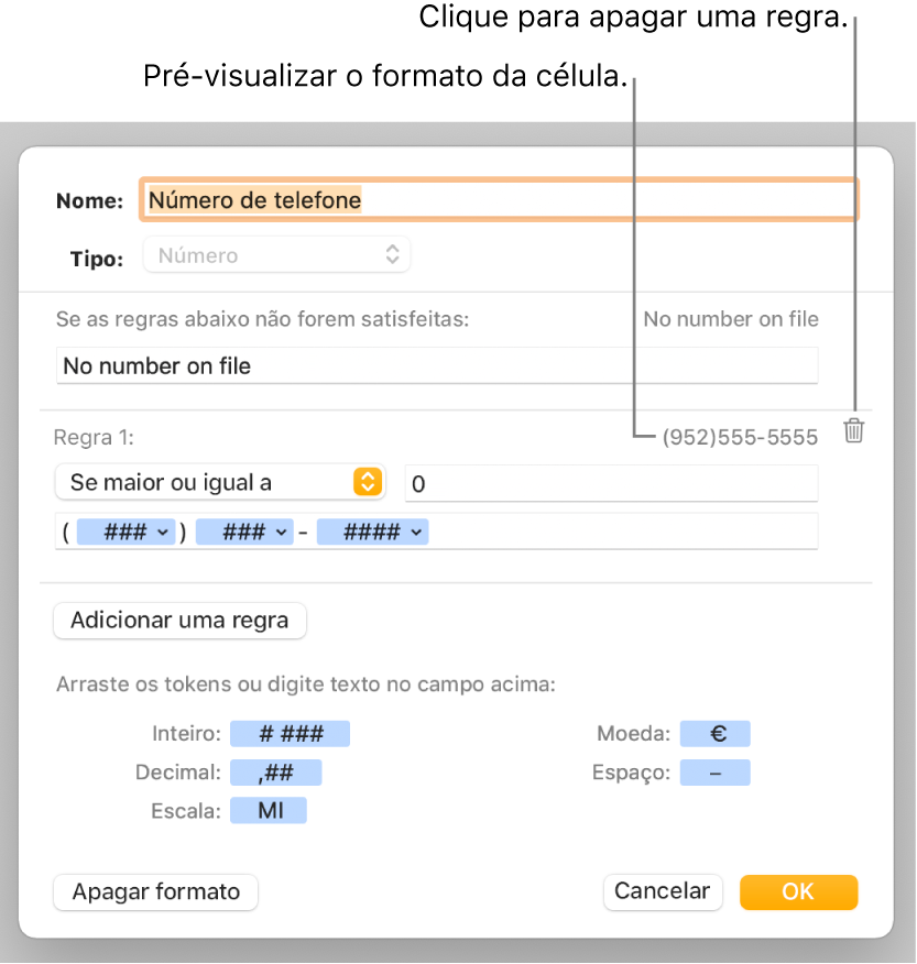 Janela de formato de célula personalizado com controlos para escolher o formato de número personalizado.