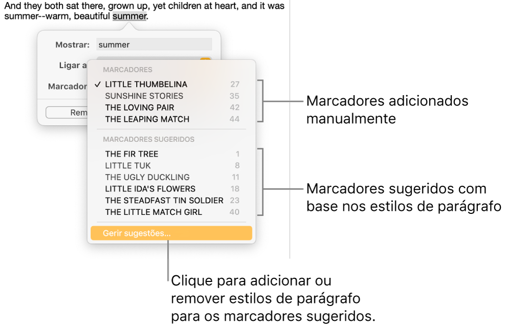 A lista de marcadores com marcadores adicionados manualmente encontra-se na parte superior e os marcadores sugeridos na parte inferior. A opção “Gerir sugestões” encontra-se na parte inferior.