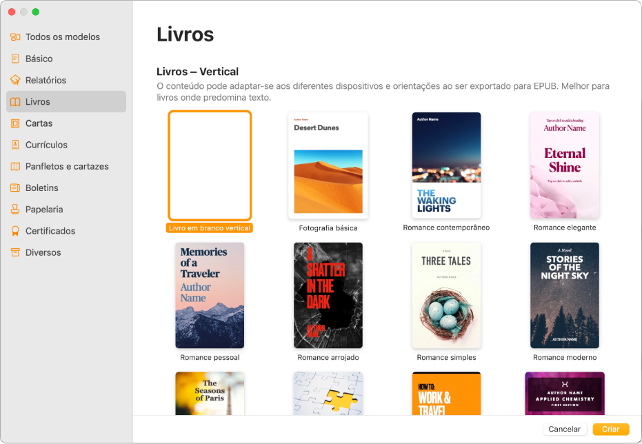 A lista de modelos com "Livros” selecionado na lista de categorias à esquerda e os modelos de livros na orientação vertical à direita.