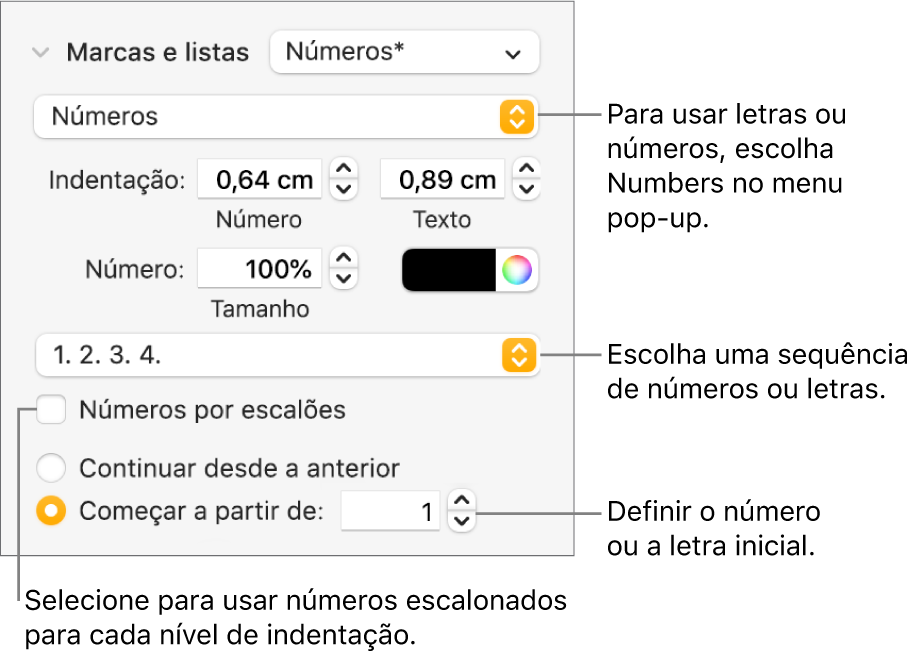Controlos para alterar o estilo de número e o espaçamento de uma lista.