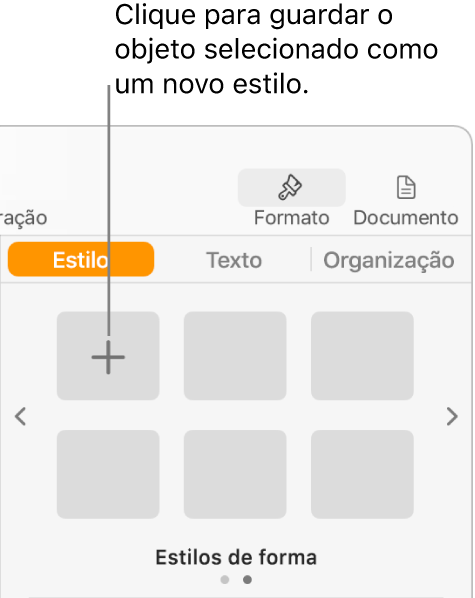 O separador “Estilo” da barra lateral "Formatação”, com o botão "Criar estilo” no canto superior esquerdo e cinco marcadores de posição de estilo vazios.
