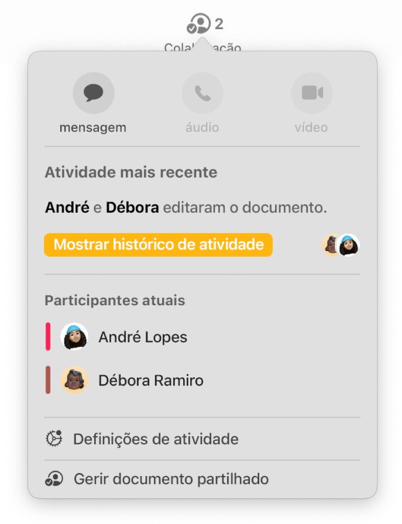 O menu de colaboração a apresentar os nomes das pessoas que estão a colaborar no documento.