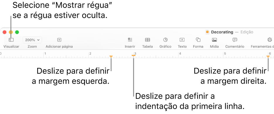 Régua com o controlo de margem esquerda e o controlo de indentação de primeira linha.