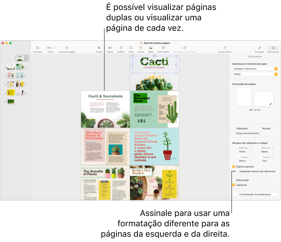 A janela do Pages com miniaturas de páginas e páginas do documento visualizadas como páginas duplas. A opção “Esquerda e direita são diferentes” está desassinalada na barra lateral “Documento” à direita.