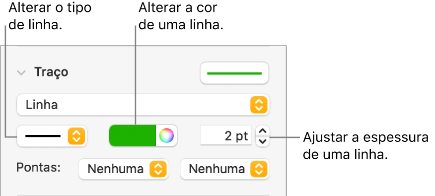 Controlos de traço para definir pontos finais, a espessura da linha e a cor.