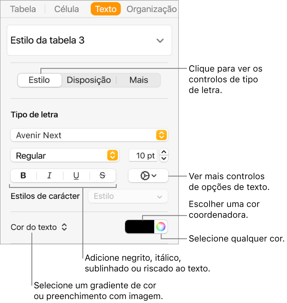 Os controlos para o estilo do texto de uma tabela.