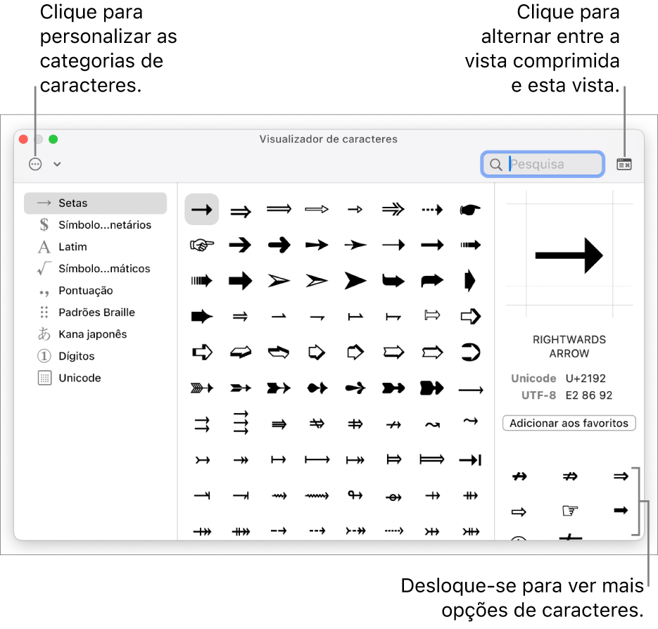 O Visualizador de caracteres expandido a mostrar caracteres especiais e símbolos, um menu para diferentes categorias de símbolos do lado esquerdo e um botão no canto superior direito que lhe permite voltar à vista comprimida.