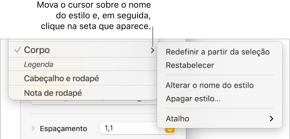 O menu "Estilos de parágrafo” com o menu de atalhos aberto.