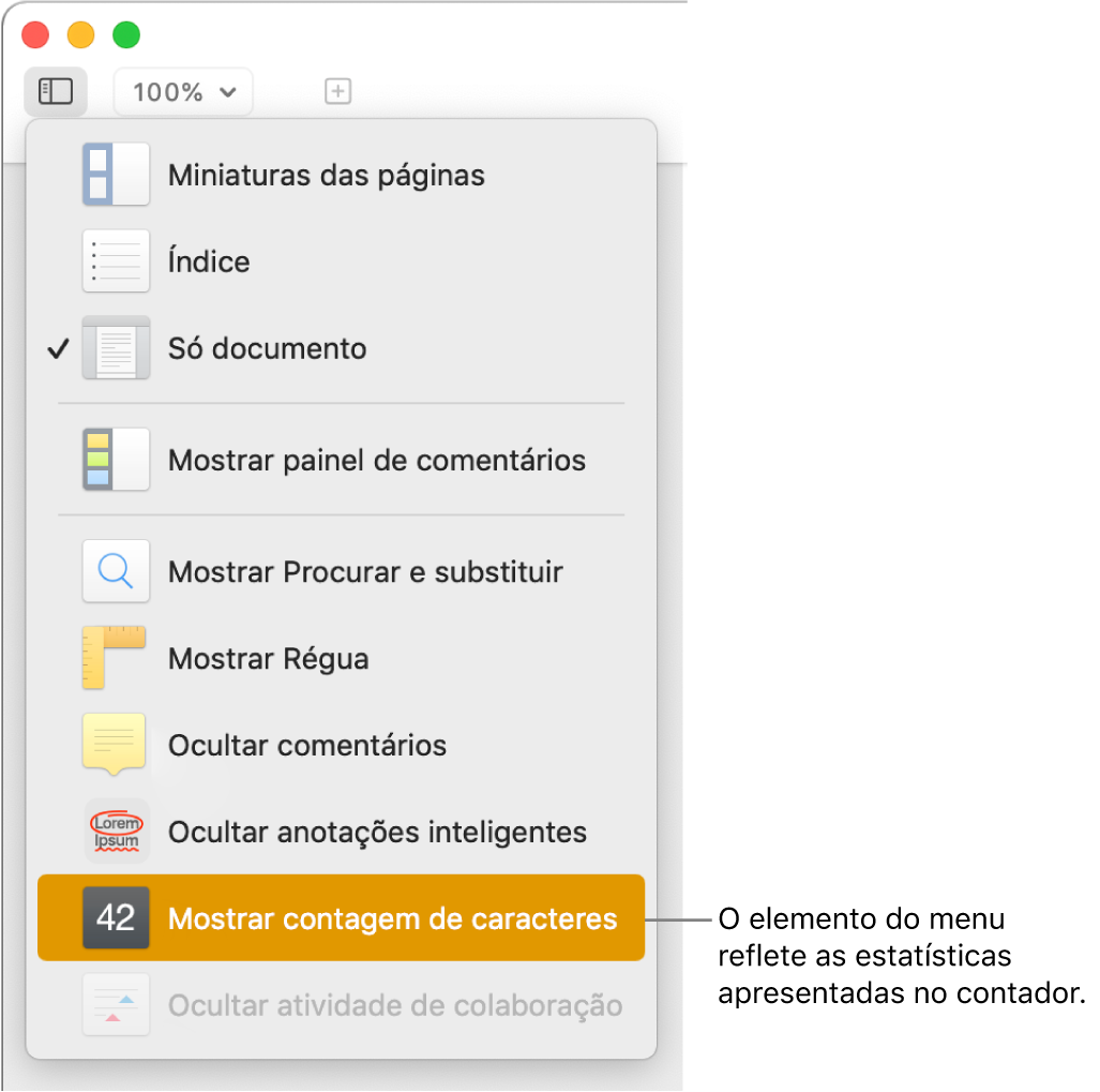 O menu "Visualização” aberto com “Mostrar contagem de caracteres” perto da parte inferior.
