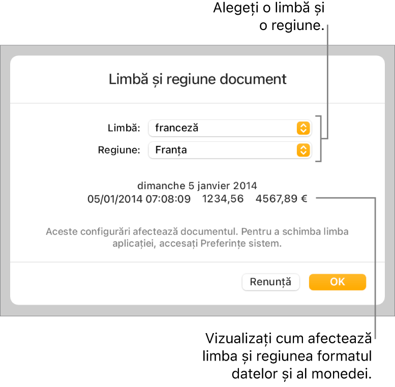 Panoul Limbă și regiune, cu comenzile pentru limbă și regiune și un exemplu de format, inclusiv data, ora, zecimale și valuta.