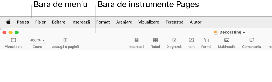 Bara de meniu din partea de sus a ecranului cu meniurile Apple, Pages, Fișier, Editare, Inserare, Format, Aranjare, Vizualizare, Fereastră și Ajutor. Sub bara de meniu se află un document Pages deschis cu butoanele din bara de instrumente de-a lungul părții de sus pentru Vizualizare, Zoom, Adaugă o pagină, Inserează, Tabel, Diagramă, Text, Formă, Multimedia, Comentariu, Partajare și Format.