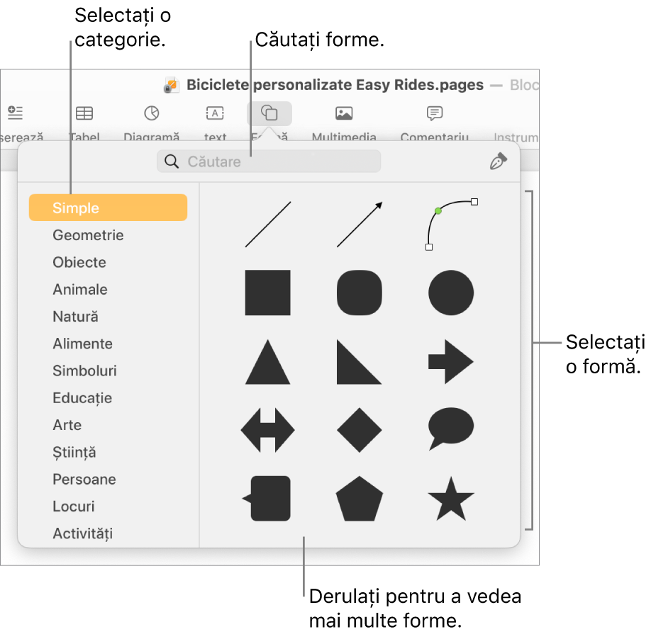 Biblioteca de forme, cu categoriile enumerate în partea stângă și formele afișate în partea dreaptă. Puteți utiliza câmpul de căutare din partea de sus pentru a găsi forme și derulați pentru a vedea mai multe.