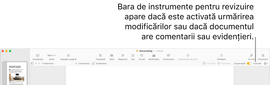 Bara de instrumente Pagini cu urmărirea modificărilor activată și bara de instrumente pentru revizuire sub ea.