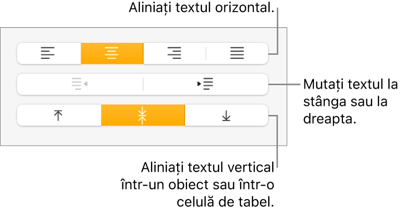 Secțiunea Aliniere cu explicații pentru butoanele de aliniere a textului și de spațiere.