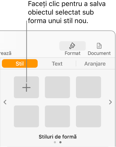 Fila Stil a barei laterale Format cu butonul Creează un stil în colțul din stânga sus și cinci substituenți de stil goi.