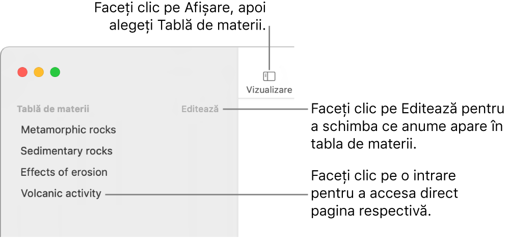 Tabla de materii din partea stângă a ferestrei Pages, cu butonul Editează în colțul dreapta sus al barei laterale și intrările dintr-o listă a tablei de materii. Butonul Vizualizare se află în colțul stânga sus al barei de instrumente Pages, deasupra barei laterale.