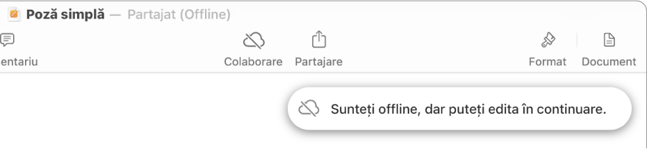 Butoanele din partea de sus a ecranului, cu butonul Colaborare transformat într-un nor traversat de o linie diagonală. Pe ecran apare o alertă „Sunteți offline, dar puteți edita în continuare”.