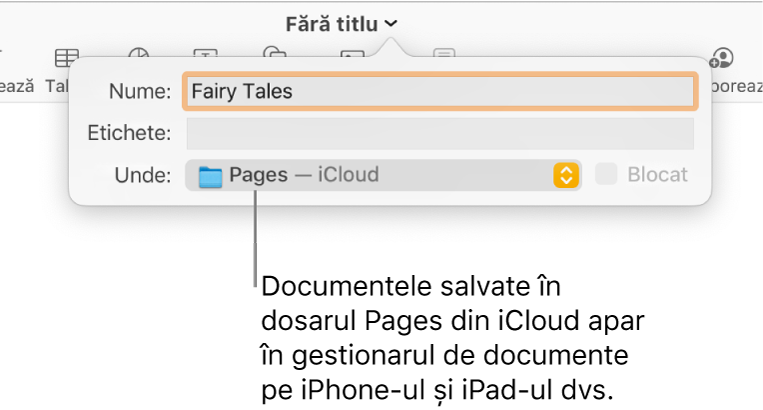 Dialogul Salvează aferent unui document cu Pages—iCloud în meniul pop-up Unde.