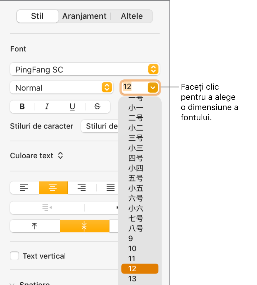 Secțiunea Stil din bara laterală Format, având deschis meniul pop-up de dimensiune a fontului. Dimensiunile de font standard ale guvernului Chinei continentale apar în partea de sus a meniului pop-up, având în partea de jos dimensiunile pentru punct.