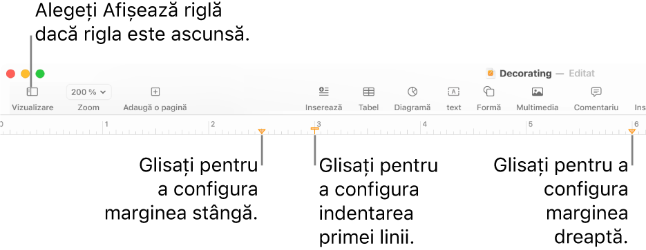 Riglă cu comanda pentru marginea stângă și comanda pentru indentarea primei linii.