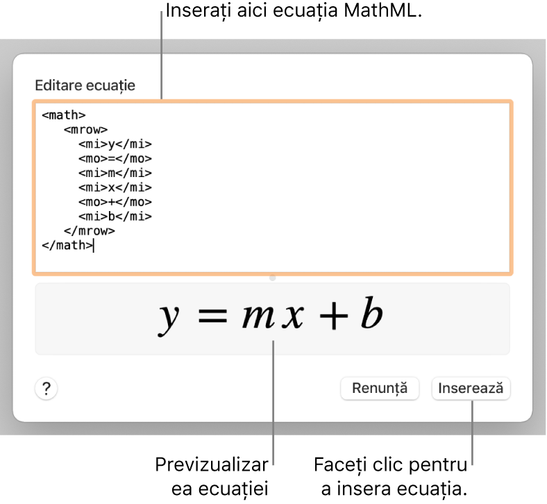 Ecuația pantei unei linii în câmpul Editare ecuație și o previzualizare a formulei dedesubt.