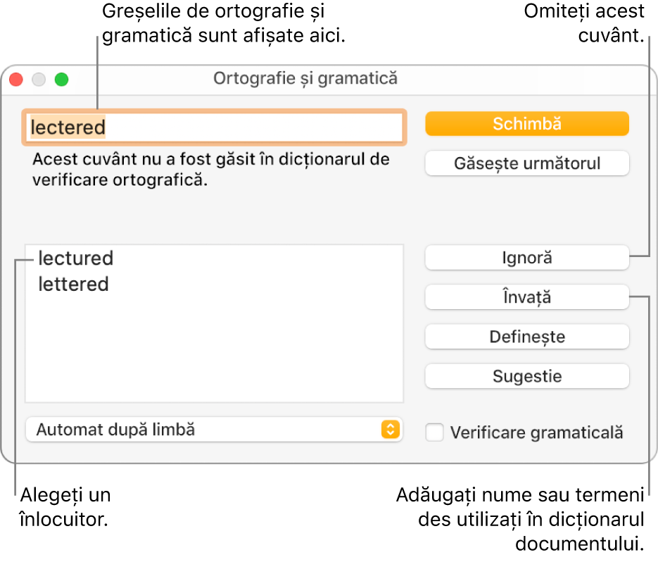 Fereastra Ortografie și gramatică.