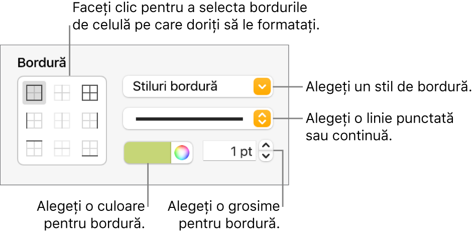 Comenzi pentru stilurile bordurilor de celulă.