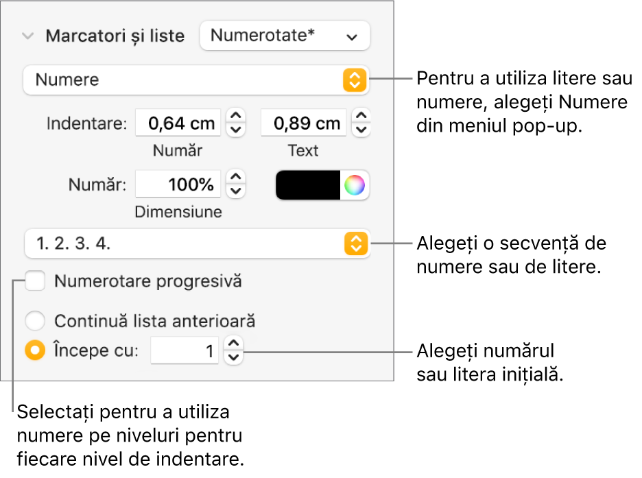 Comenzi pentru a modifica stilul de numere și spațierea unei liste.