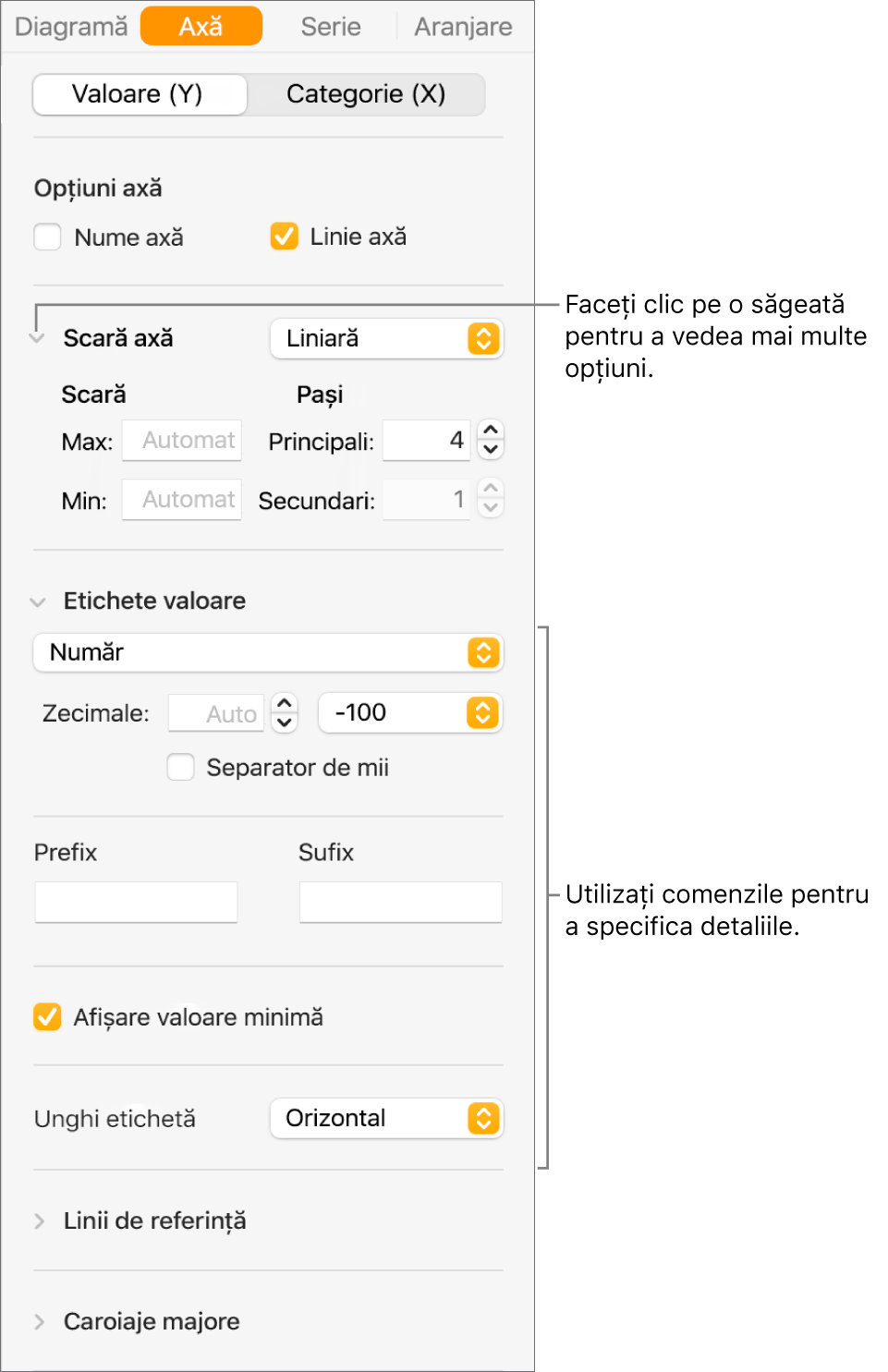 Comenzi pentru formatarea marcajelor de axă ale diagramei.