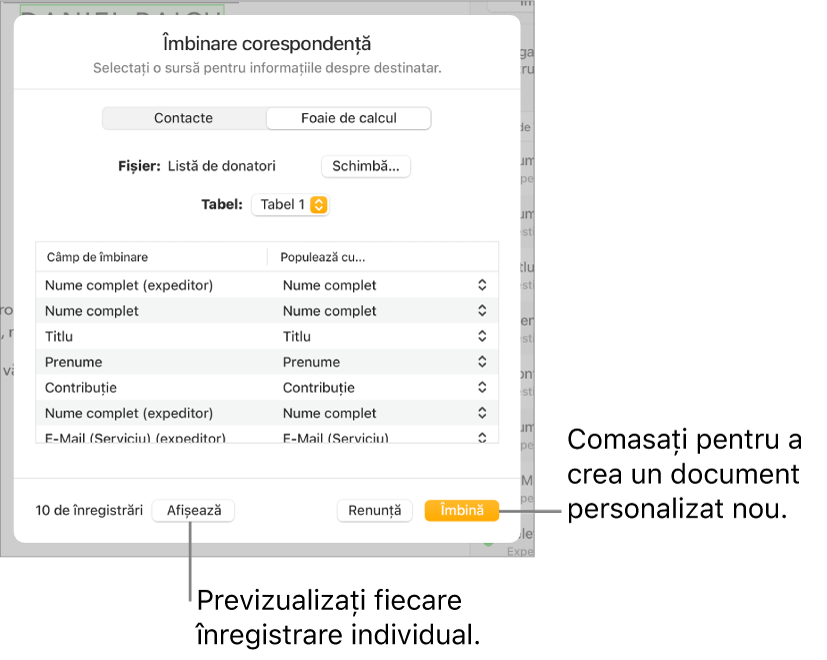 Panoul de îmbinare a corespondenței este deschis, afișând opțiunile pentru schimbarea fișierului sau a tabelului sursă, previzualizarea numelor câmpurilor de îmbinare sau a înregistrărilor individuale sau pentru îmbinarea documentului.