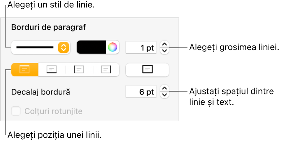 Comenzile pentru schimbarea stilului, grosimii, poziției și culorii liniei.