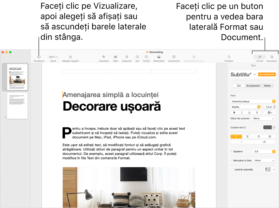 Fereastra Pages cu explicații pentru butonul meniului Vizualizare și butoanele Format și Document din bara de instrumente. Barele laterale se deschid în partea stângă și în partea dreaptă