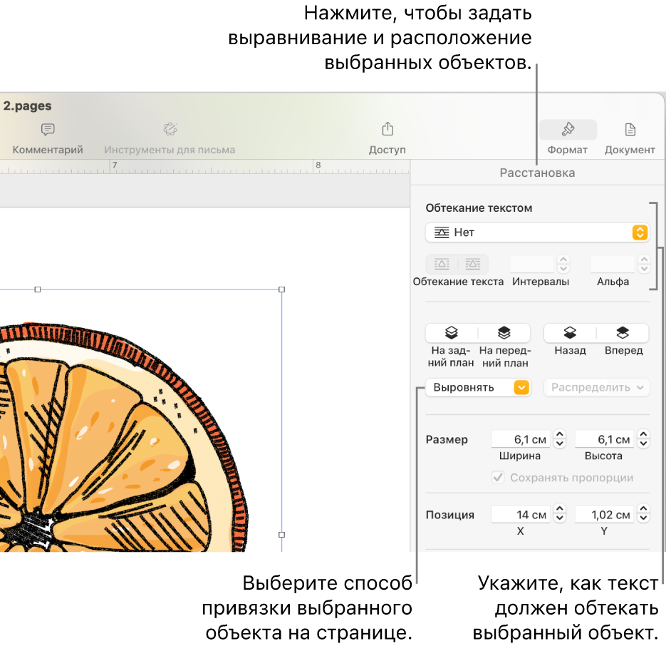 Меню «Формат» с боковым меню «Расстановка». Вверху бокового меню «Расстановка» находится раздел настроек «Расположение объекта», а под ним — «Обтекание текстом».