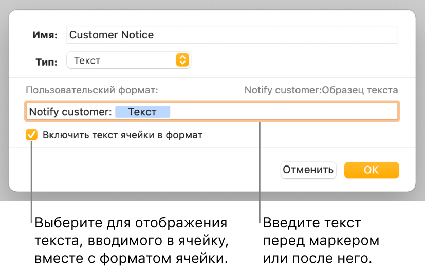 Окно произвольного формата ячейки с элементами управления для выбора пользовательского форматирования текста.