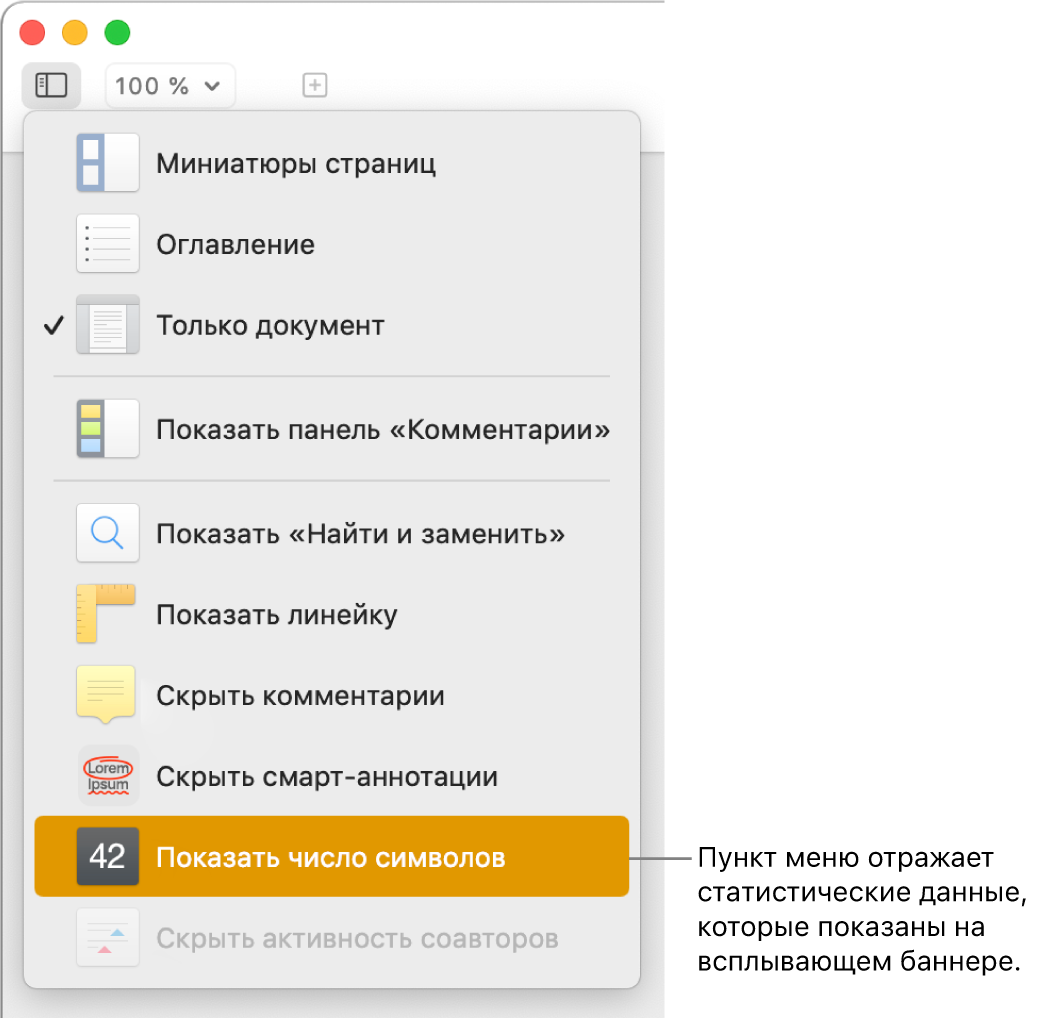 Открыто меню «Вид». Внизу отображается пункт меню «Показать число символов».