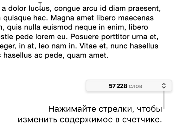 Меню подсчета слов с информацией о количестве слов в документе.