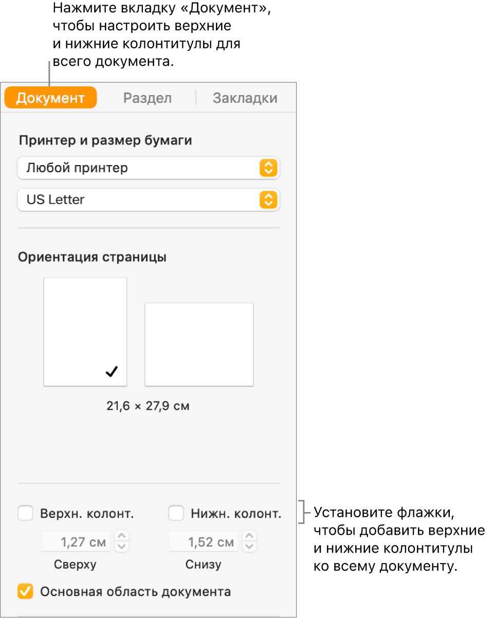 Боковое меню «Документ». Вверху бокового меню выбрана вкладка «Документ». Под флажками «Верхний колонтитул» и «Нижний колонтитул» отображаются стрелки для изменения расстояния от колонтитулов до верхнего и нижнего краев страницы.