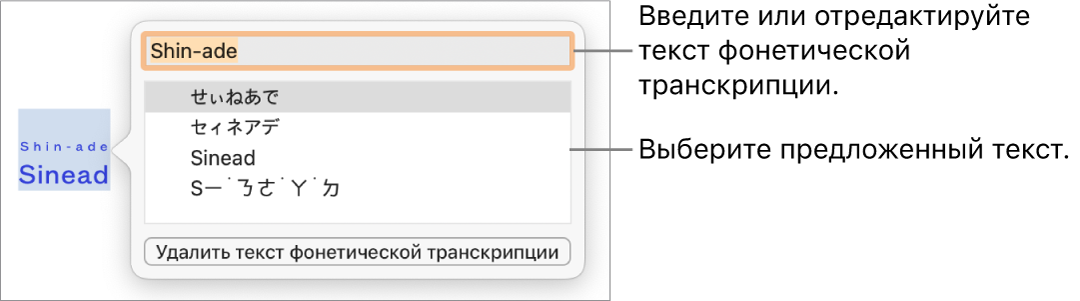 Отображается фонетическая транскрипция слова с вынесенным текстовым полем, содержащим предложенный вариант текста.