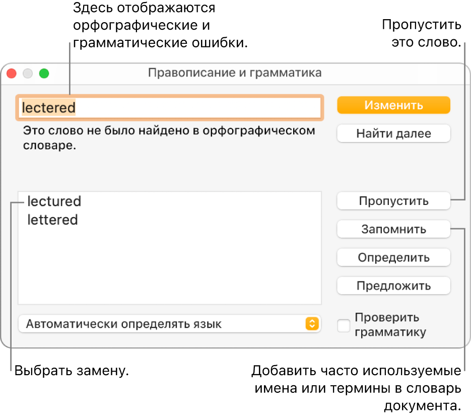 Окно «Правописание и грамматика».