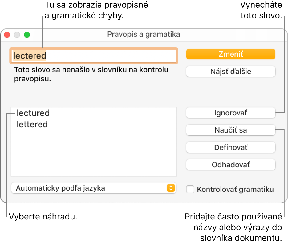 Okno Pravopis a gramatika.