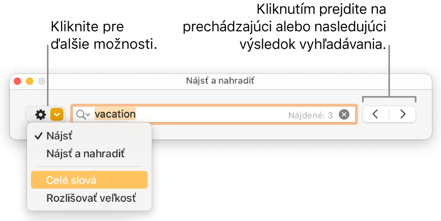 Okno Nájsť a nahradiť s vyskakovacím menu zobrazujúcim možností Hľadať, Hľadať a nahradiť, Celé slová a Rozlišovať veľkosť. Šípky napravo umožňujú preskočiť na predchádzajúce alebo ďalšie výsledky vyhľadávania.