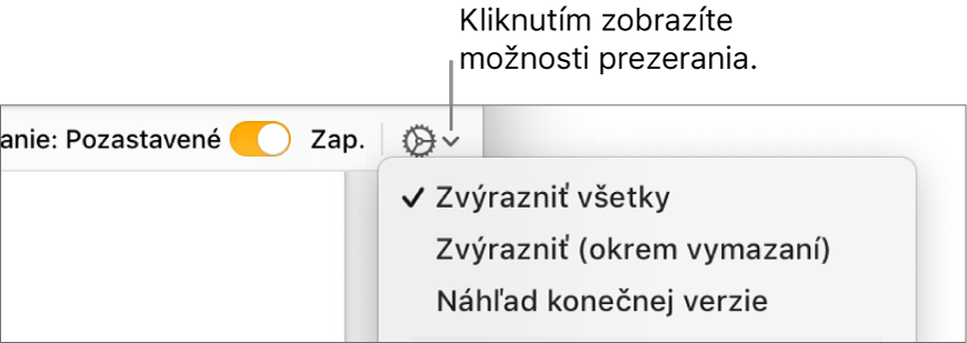 Menu s možnosťami revízie zobrazujúce funkcie Značka, Označiť bez vymazania a Konečné.