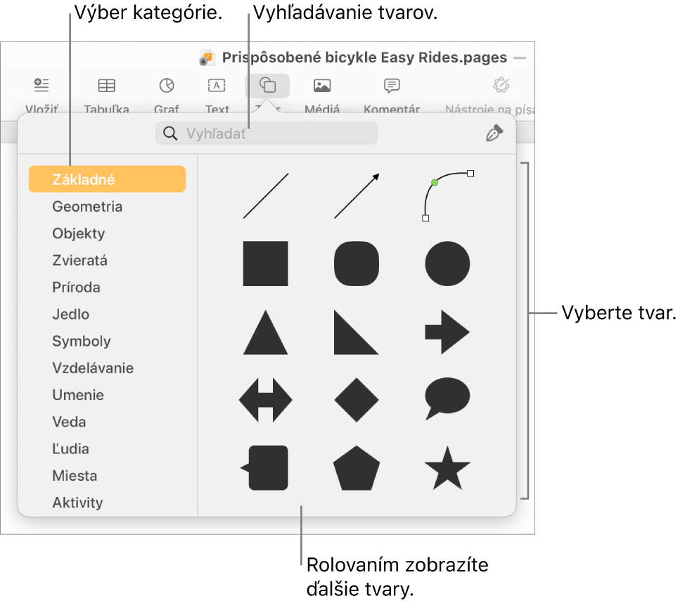 Knižnica tvarov s kategóriami zobrazenými v ľavej časti a tvarmi zobrazenými v pravej časti. Ak chcete nájsť tvary, môžete použiť vyhľadávacie pole v hornej časti a rolovaním zobrazíte ďalšie.