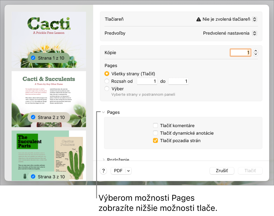 Dialógové okno tlače s ovládacími prvkami pre tlačiareň, predvoľby, kópie a rozsah strán. Vo vyskakovacom menu pod nastavením rozsahu strán je vybraná možnosť Pages, za ktorou nasledujú zaškrtávacie políčka pre tlač komentárov, dynamických anotácií a pozadia strán.