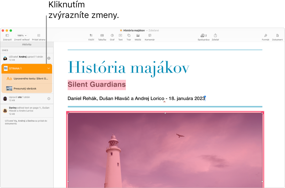 Dokument na spoluprácu s otvoreným menu spolupráce a zoznamom aktivity.