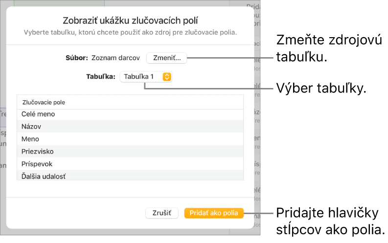 Panel Zobraziť ukážku zlučovacích polí je otvorený s možnosťami na zmenu zdrojového súboru alebo tabuľky, ukážku názvov zlučovacích polí alebo na pridanie hlavičiek stĺpcov ako polí.