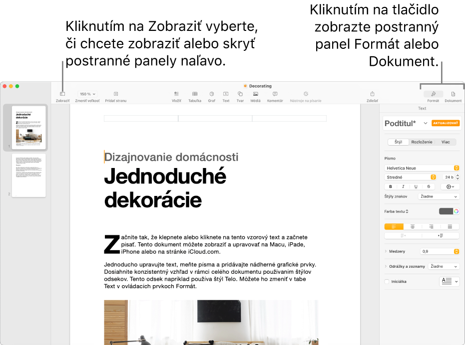 Okno Pages s textovými bublinami na tlačidle menu Zobraziť a tlačidlách Formát a Dokument na paneli s nástrojmi. Postranné panely sú otvorené na ľavej a pravej strane.
