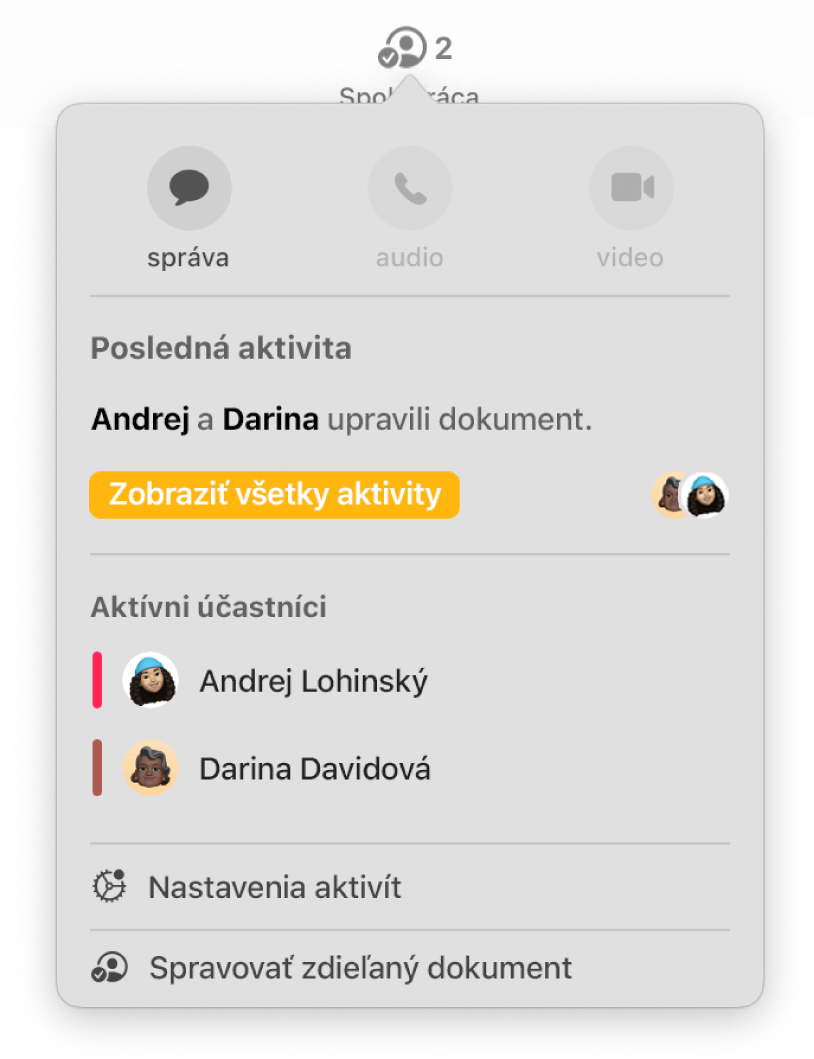 Menu spolupráce obsahujúce mená ľudí spolupracujúcich na dokumente.