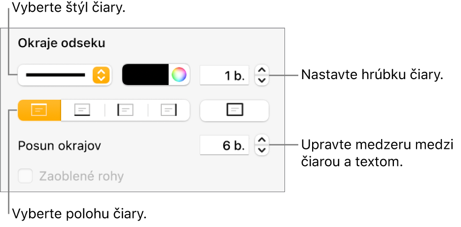 Ovládacie prvky na zmenu štýlu, hrúbky, polohy a farby čiary.