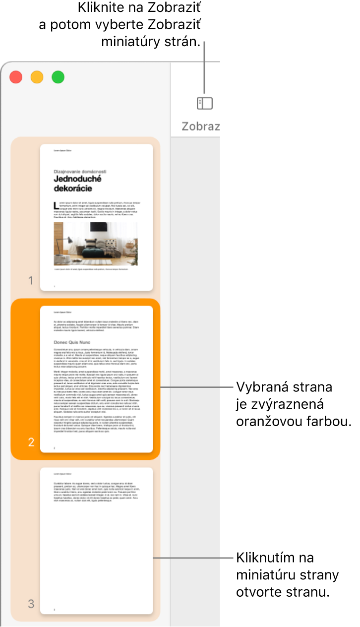 Postranný panel v ľavej časti okna Pages s otvoreným zobrazením Miniatúry strán a vybratou stranou zvýraznenou tmavooranžovou farbou.